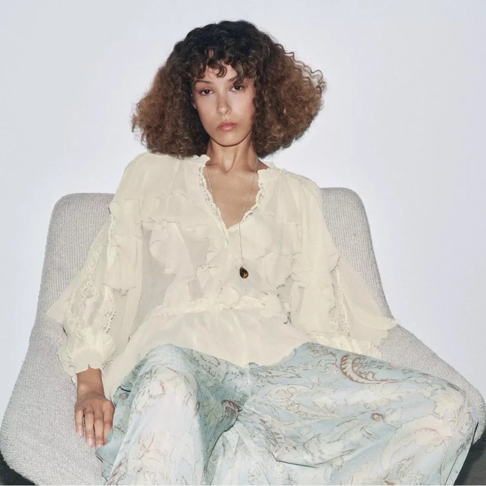 NWT Zara Woman LIMITED EDITION ZW COLLECTION LACE RUFFLE BLOUSE Top Size M - Picture 5 of 12